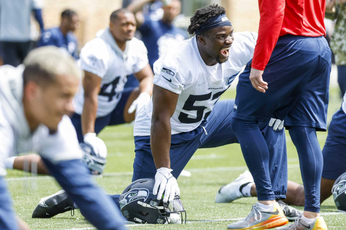 NFL: Seattle Seahawks OTA May 23, 2022; Renton, WA, USA; Seattle Seahawks linebacker Boye Mafe (53) stretches during an OTA workout at the Virginia Mason Athletic Center.